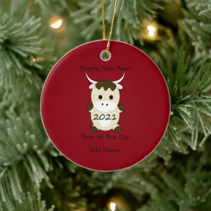 Frohes neues Jahr 2021 Jahr des Ochsen Keramik Ornament