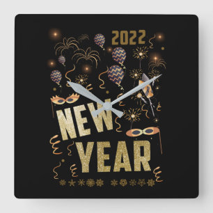 Frohes neues Jahr 2022, Holiday Gold Glitzer Festi Quadratische Wanduhr