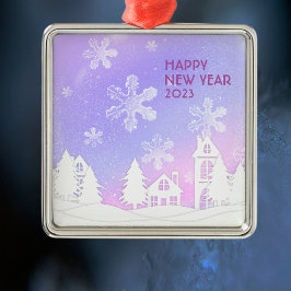 Frohes neues Jahr 2023 Lila weißes Schneehaus Ornament Aus Metall