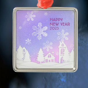 Frohes neues Jahr 2023 Lila weißes Schneehaus Ornament Aus Metall