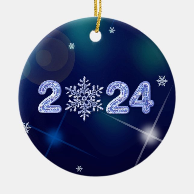 Frohes neues Jahr 2024 Eisanzahl und Schneeflocke Keramik Ornament (Vorne)