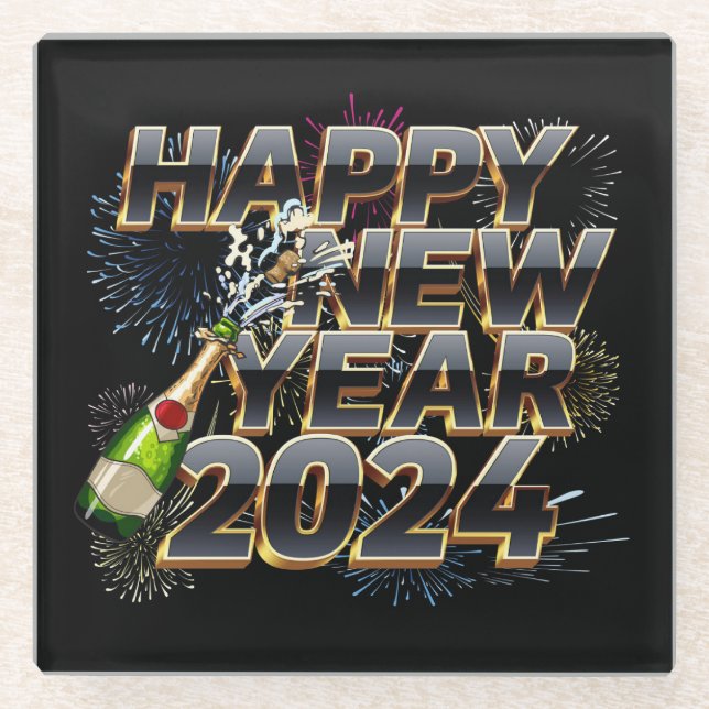 Frohes neues Jahr 2024 Elegantes Silvesterfest-Par Glasuntersetzer (Vorderseite)