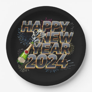 Frohes neues Jahr 2024 Elegantes Silvesterfest-Par Pappteller