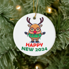Frohes neues Jahr 2024 Rentier Keramik Ornament