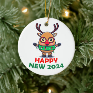 Frohes neues Jahr 2024 Rentier Keramik Ornament