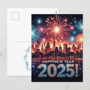 Frohes neues Jahr 2025 Feuerwerk Stadtbild Feiertagspostkarte