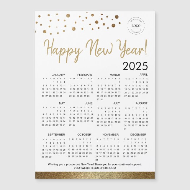 Frohes neues Jahr 2025 Kalender Ihr Logo Gold Magnetkarte (Vorderseite)