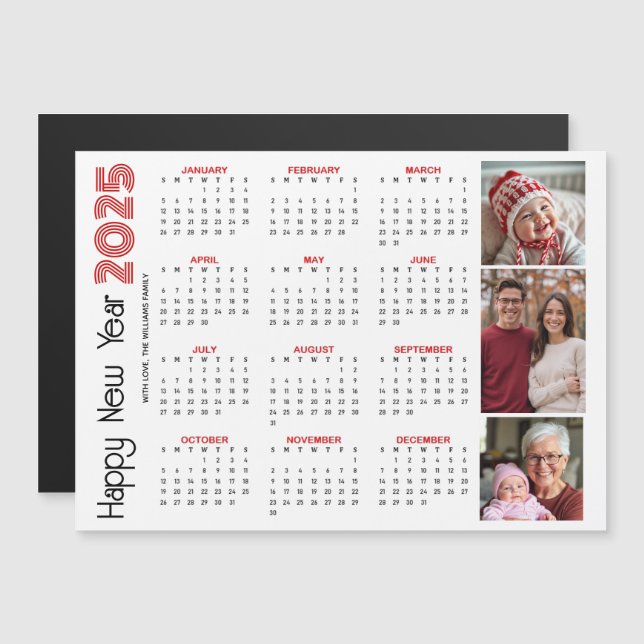 Frohes neues Jahr 2025 Kalender rotes Foto Magnetkarte (Vorne/Hinten)