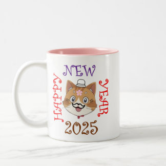 Frohes neues Jahr 2025 mit einer glücklichen Katze Zweifarbige Tasse