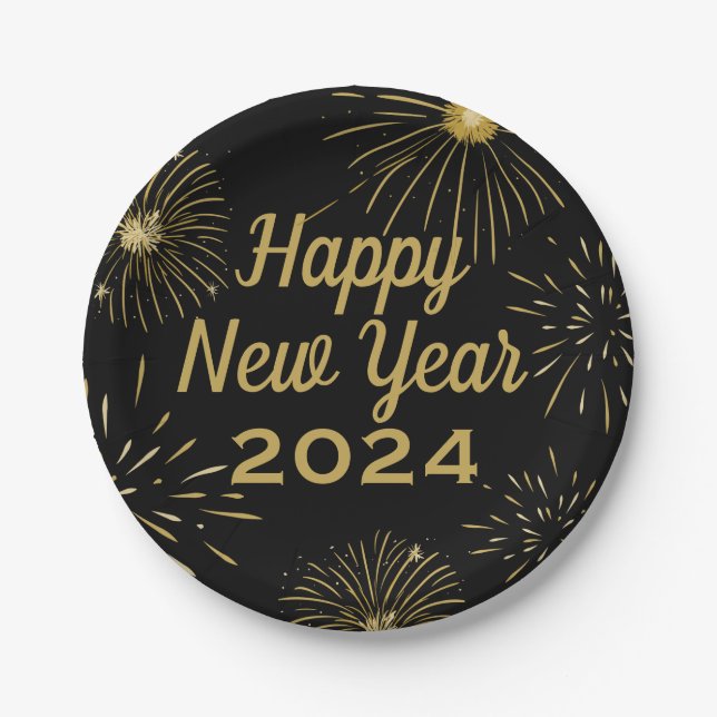 Frohes neues Jahr 2025 Party Schwarzes Gold Pappteller (Vorderseite)