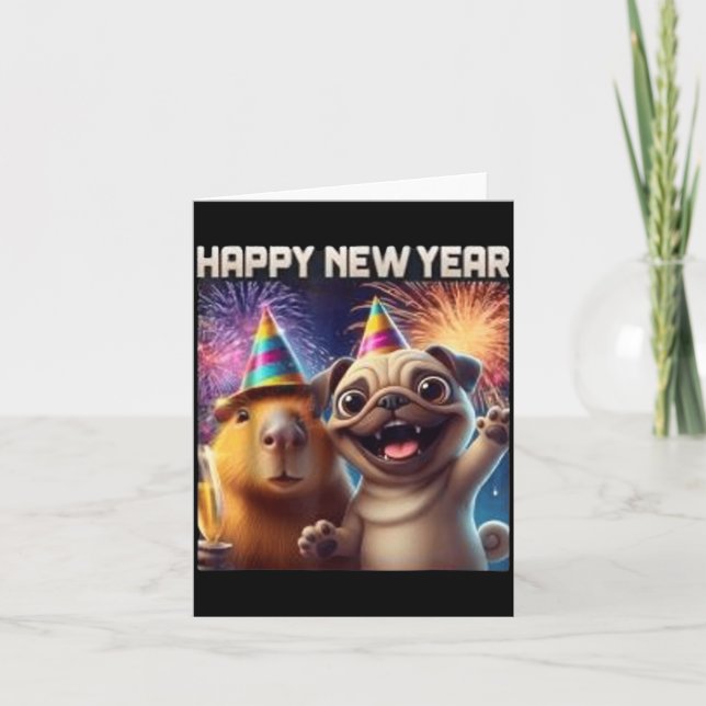 Frohes Neues Jahr 2026 Capybara Pug Party Kunst  Karte (Vorderseite)