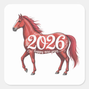 Frohes Neues Jahr 2026 - Chinesisches Rotes Pferd Quadratischer Aufkleber