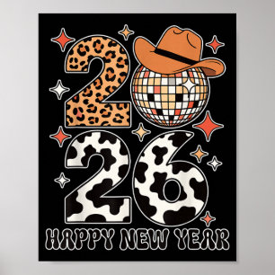 Frohes Neues Jahr 2026 Cowgirl Disco Ball Western Poster