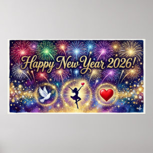 Frohes Neues Jahr 2026 Dekorative Kunst Feuerwerk Poster