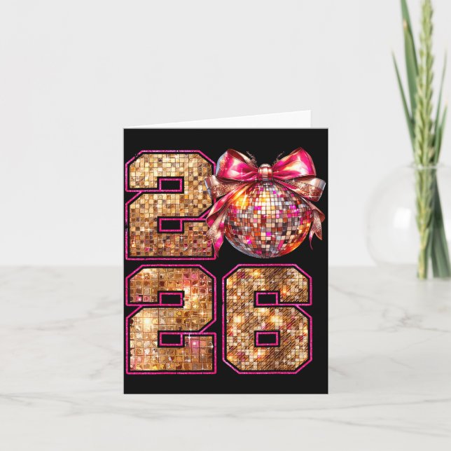 Frohes Neues Jahr 2026 Disco Ball Nk Coquette Bow  Karte (Vorderseite)