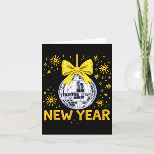 Frohes neues Jahr 2026 Golden Disco Ball Bow Neuja Karte (Vorderseite)