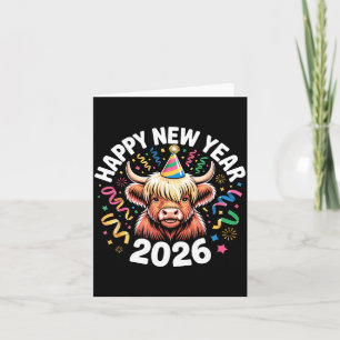 Frohes Neues Jahr 2026 Highland-Kuh & Partyhut N Karte