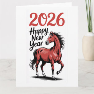 Frohes Neues Jahr 2026 Karte Rotes Pferd Illustrat