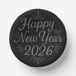 Frohes neues Jahr 2026 Schwarzer & Silberner Glitz Pappteller