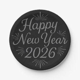 Frohes neues Jahr 2026 Silvery Glitzer & Black Pappteller
