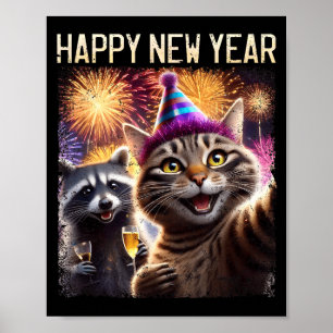Frohes neues Jahr 2026 Süße Katze Waschbär-Feier Poster