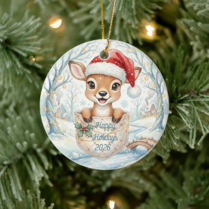 Frohes Neues Jahr 2027 mit Santa Hirsch Keramik Ornament