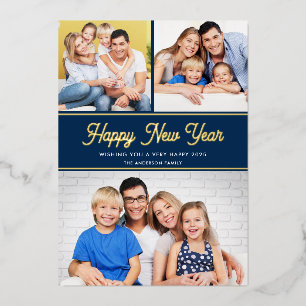 Frohes neues Jahr 3 Fotos Dunkelblau Gold Folien Feiertagskarte