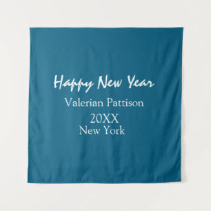 Frohes neues Jahr blau Name Ort Jahr Boho einfach  Wandteppich