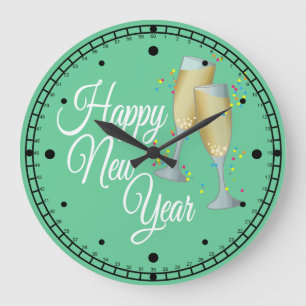 Frohes neues Jahr, Champagner & Confetti Große Wanduhr