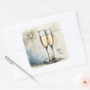 Frohes Neues Jahr Champagner Toast Quadratischer Aufkleber
