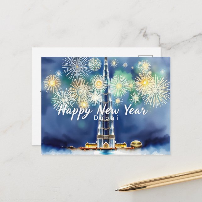 Frohes neues Jahr Feuerwerk über Dubais Skyline Postkarte (Vorderseite/Rückseite Beispiel)