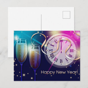 Frohes neues Jahr. Feuerwerke und Champagner Postkarte
