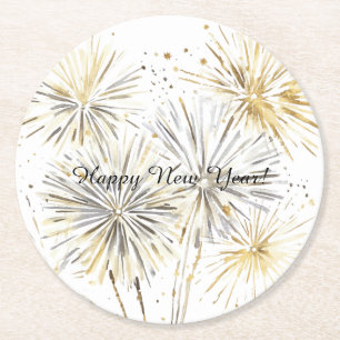 Frohes neues Jahr Gold Silber Feuerwerk Runder Pappuntersetzer