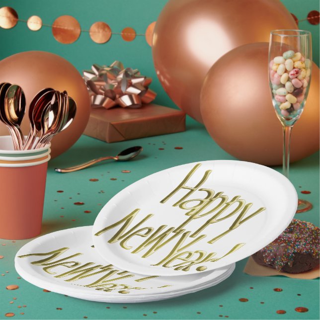 Frohes neues Jahr - Gold Text (Hintergrundfarbe hi Pappteller (Multi)