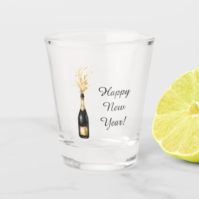 Frohes Neues Jahr Goldflasche Schnapsglas (Vorderseite)