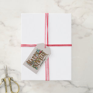 Frohes neues Jahr in Baumstämmen, Eicheln und Blum Geschenkanhänger