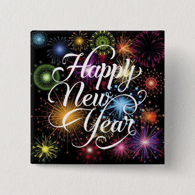 Frohes neues Jahr mit Hintergrund zu Feuerwerken-2 Button (Vorderseite)