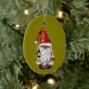 Frohes neues Jahr Nisse Gnom Gonk mit einer Flasch Keramik Ornament