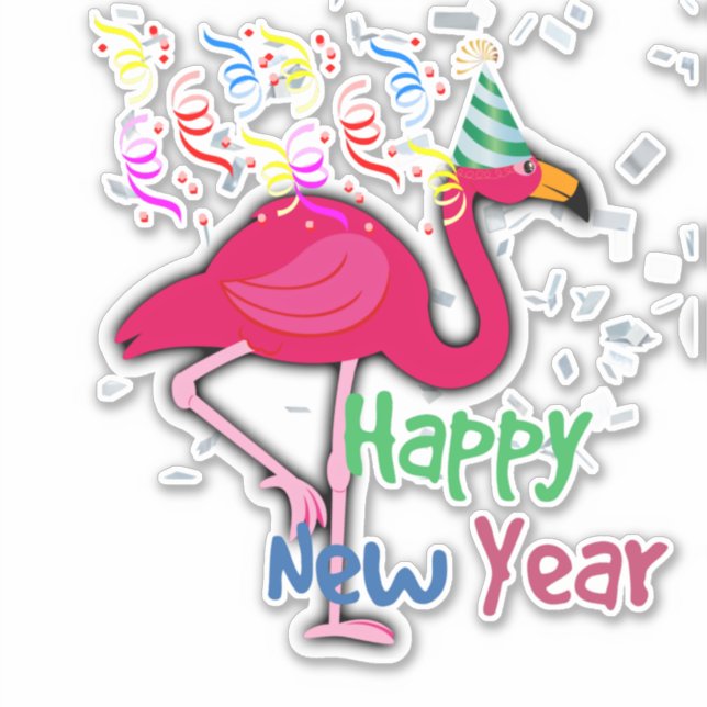 Frohes neues Jahr, rosa Flamingo Grüße Aufkleber (Vorderseite)