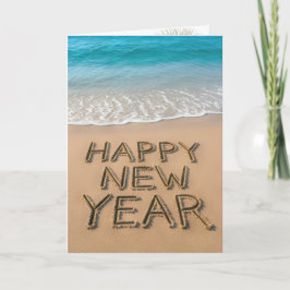 Frohes Neues Jahr Text auf einem tropischen Strand Karte