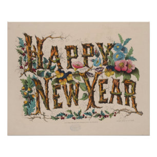 Frohes neues Jahr, Vintage Currier & Ives Druck