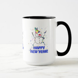 Frohes neues Jahr vom feiernden Schneemann Tasse