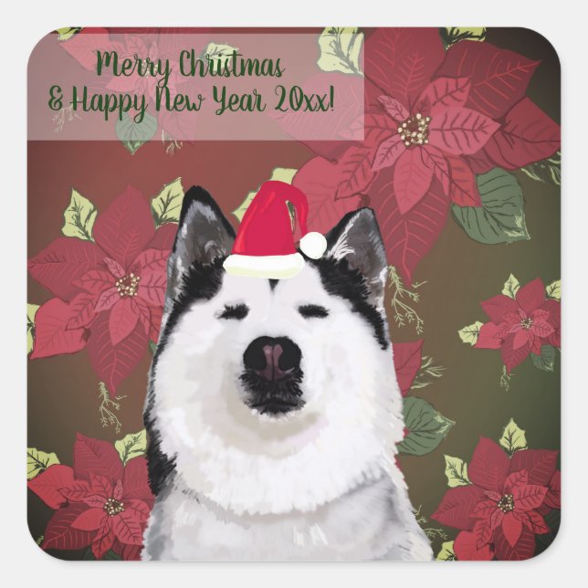 Frohes Neues Jahr, Weihnachtsaufkleber, Husky, Blu Quadratischer Aufkleber (Vorderseite)