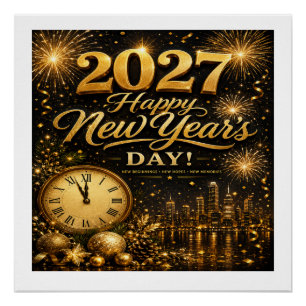 Frohes Neujahr 2027 Luxus-Gold-Feuerwerk Poster