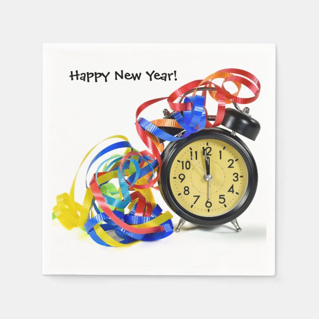 Frohes Neujahrsfest mit Uhr und Band Serviette (Vorderseite)