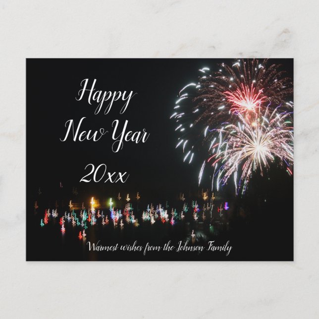 Frohes Neujahrsfeuerwerk, Familiengrüße Postkarte (Vorderseite)