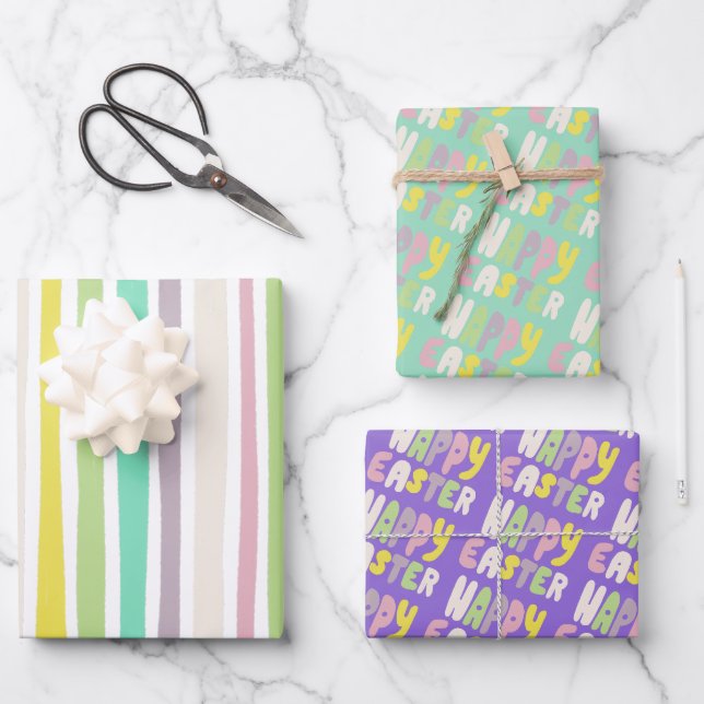 Frohes Osterfarben Moderne Streifen Pastell Gesche Geschenkpapier Set (Vorderseite)