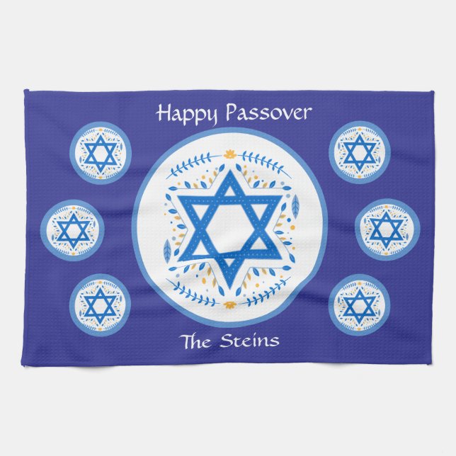 Frohes Pessach Blaue Davidstern NAME  Geschirrtuch (Horizontal)