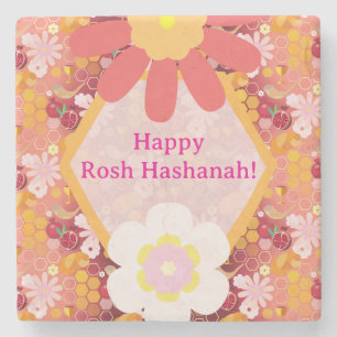 Frohes Rosh Hashanah jüdisches Neujahrsfest floral Steinuntersetzer
