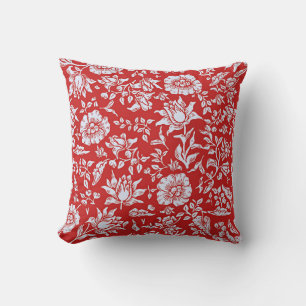 Frohes rot-weißes vintage Blumenmuster Kissen